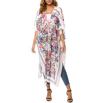 olrain Women Floral Flowy Kimono Cardigan Long Bikini Beach Cover Up Loose Tops (White Small)