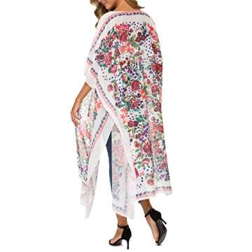 olrain Women Floral Flowy Kimono Cardigan Long Bikini Beach Cover Up Loose Tops (White Small)