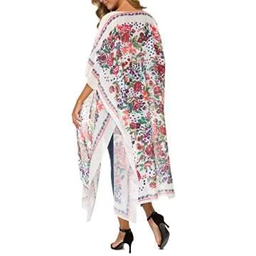 olrain Women Floral Flowy Kimono Cardigan Long Bikini Beach Cover Up Loose Tops (White Small)
