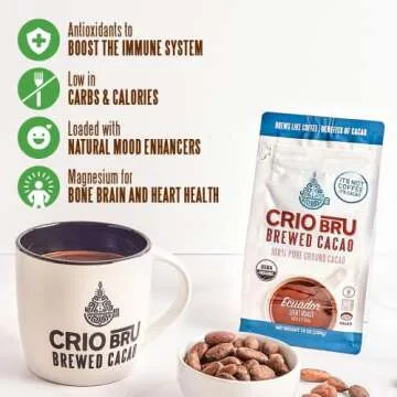 Crio Bru Brewed Cacao Mocha Flavored Light Roast - Coffee Alternative Natural Healthy Drink | Made with 100% Pure Ground Cacao Beans | 99.99% Caffeine Free, Keto, Low Carb, Paleo, Brew And Enjoy Hot or Iced (10 Ounce (Pack of 1))