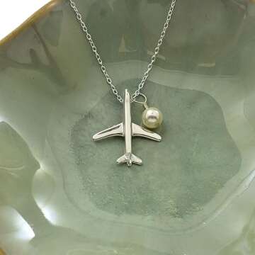 Jet Airplane Necklace in Sterling Silver | 18 Inch Cable Chain | Crystal Pearl | Pilot Gift I Flight...