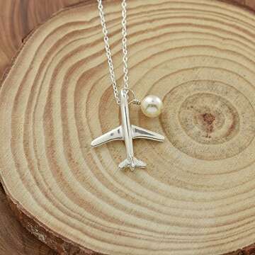Jet Airplane Necklace in Sterling Silver | 18 Inch Cable Chain | Crystal Pearl | Pilot Gift I Flight Attendant Gift