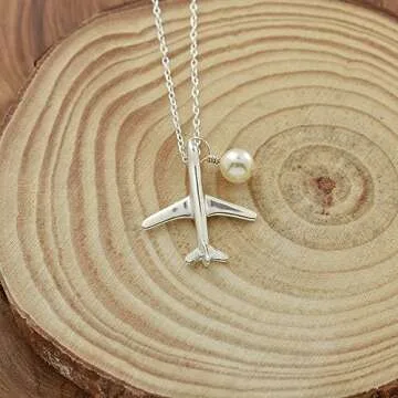Jet Airplane Necklace in Sterling Silver | 18 Inch Cable Chain | Crystal Pearl | Pilot Gift I Flight Attendant Gift