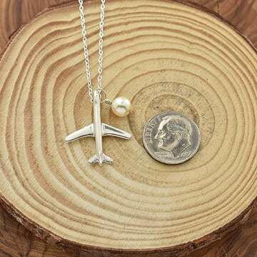 Jet Airplane Necklace in Sterling Silver | 18 Inch Cable Chain | Crystal Pearl | Pilot Gift I Flight Attendant Gift