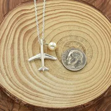 Jet Airplane Necklace in Sterling Silver | 18 Inch Cable Chain | Crystal Pearl | Pilot Gift I Flight Attendant Gift