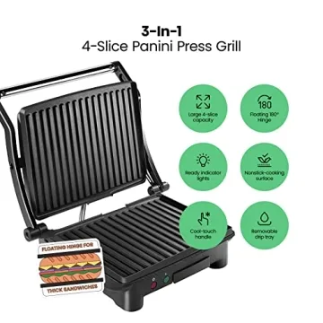 Chefman Panini Press Grill and Gourmet Sandwich Maker Non-Stick Coated Plates, Opens 180 Degrees to Fit Any Type or Size of Food, Stainless Steel Surface and Removable Drip Tray, 4 Slice, Black