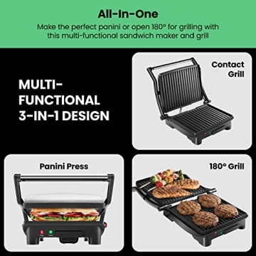 Chefman Panini Press Grill and Gourmet Sandwich Maker Non-Stick Coated Plates, Opens 180 Degrees to Fit Any Type or Size of Food, Stainless Steel Surface and Removable Drip Tray, 4 Slice, Black