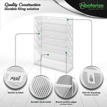 NEATERIZE Item Container, Mail Organizer for Wall, Mesh Hanging File Organizer, For Papers, Folders, Files Clipboard & Magazine Organization - Home, Office Classroom Or Doctor, Metal, White