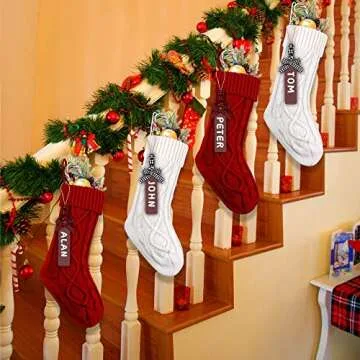 XIMISHOP 4PCS Christmas Stockings, 18inch Large Personalized Cable Knitted Xmas Hanging Stocking Decorations with Name Tags for Holiday Christmas Party Family Decor (Red and White)