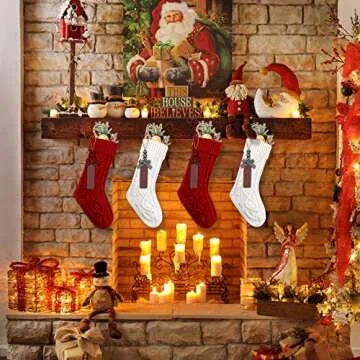 XIMISHOP 4PCS Christmas Stockings, 18inch Large Personalized Cable Knitted Xmas Hanging Stocking Decorations with Name Tags for Holiday Christmas Party Family Decor (Red and White)