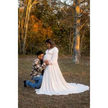 Maternity Gown Bishop Sleeves Baby Shower Dress Wrap Side Slit Sweetheart Maxi Photo Shoot for Photography（ Champagne M）