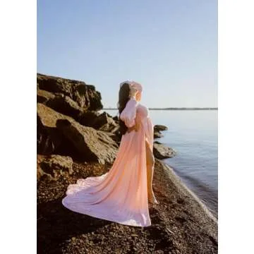 Maternity Gown Bishop Sleeves Baby Shower Dress Wrap Side Slit Sweetheart Maxi Photo Shoot for Photography（ Champagne M）