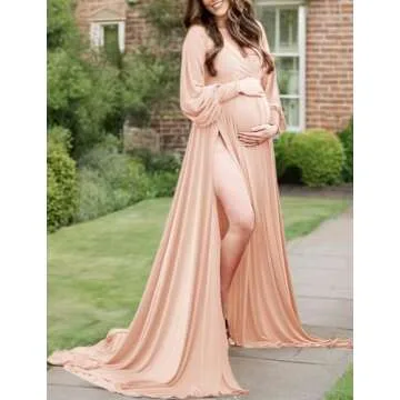 Maternity Gown Bishop Sleeves Baby Shower Dress Wrap Side Slit Sweetheart Maxi Photo Shoot for Photography（ Champagne M）