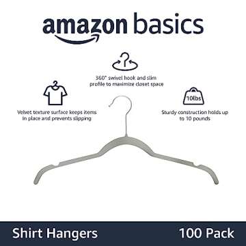 Amazon Basics Space-Saving Slim, Velvet, Non-Slip Shirt Clothes Hangers, Gray/Silver - Pack of 100