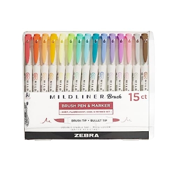 Zebra Mildliner Brush Marker - Dual Tip Pastel Colors 15 Count