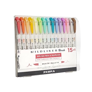 Zebra Mildliner Brush Marker - Dual Tip Pastel Colors 15 Count