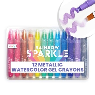 OOLY Rainbow Sparkle Gel Crayons for Kids and Adults - Set of 12 Watercolor Glitter Markers for Glass and Paper Surfaces with Clear Plastic Crayon Case - Easy To Clean Bright Metallic Color Crayons