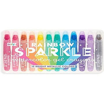 OOLY Rainbow Sparkle Gel Crayons for Kids and Adults - Set of 12 Watercolor Glitter Markers for Glass and Paper Surfaces with Clear Plastic Crayon Case - Easy To Clean Bright Metallic Color Crayons