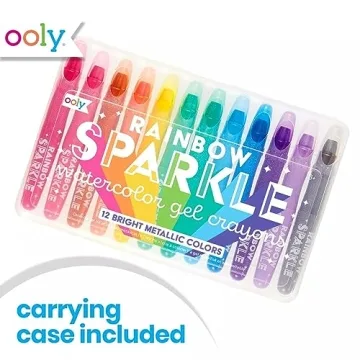 OOLY Rainbow Sparkle Gel Crayons for Kids and Adults - Set of 12 Watercolor Glitter Markers for Glass and Paper Surfaces with Clear Plastic Crayon Case - Easy To Clean Bright Metallic Color Crayons