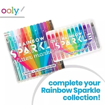 OOLY Rainbow Sparkle Gel Crayons for Kids and Adults - Set of 12 Watercolor Glitter Markers for Glass and Paper Surfaces with Clear Plastic Crayon Case - Easy To Clean Bright Metallic Color Crayons