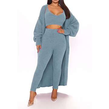 Women's Fleece 3 Pc Teddy Loungewear Spaghetti Strap Crop Tank Stretchy Long Pants Fuzzy Kimono Cozy...