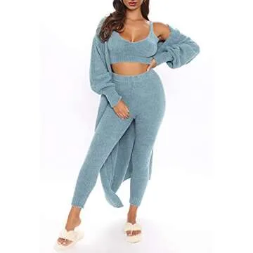 Women's Fleece 3 Pc Teddy Loungewear Spaghetti Strap Crop Tank Stretchy Long Pants Fuzzy Kimono Cozy Sweatsuit Set Turquoise S