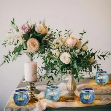 Small Glass Votives Set of 12, 2.3" Tealight Candle Holders in Bulk, Vintage Boho Glass Candle Holders for Table Centerpiece Wedding Home Decor and Holiday Decor (Ocean Blue)