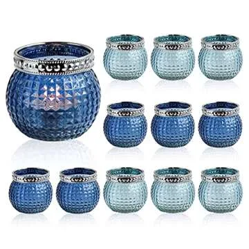 Small Glass Votives Set of 12, 2.3" Tealight Candle Holders in Bulk, Vintage Boho Glass Candle Holders for Table Centerpiece Wedding Home Decor and Holiday Decor (Ocean Blue)