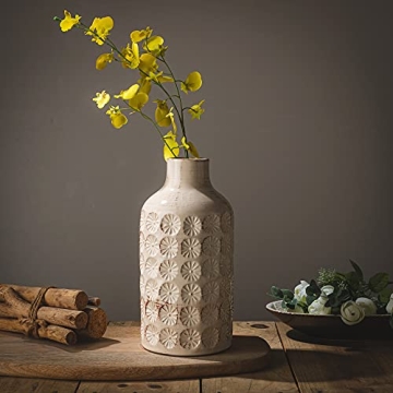 LUKA Ceramic Rustic Farmhouse Vase,10 inch Terracotta Vase,Neutral Cream Vases Pottery Decorative Fl...