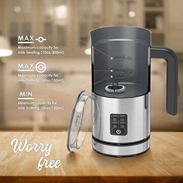 Milk Frother, 4 in1Electric Milk Steamer Stainless Steel, 10oz Automatic Hot and Cold Foam Maker with Buzzer Reminder, for Coffee, Latte, Cappuccinos, Macchiato, Hot Chocolate