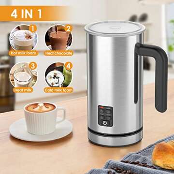 Milk Frother, 4 in1Electric Milk Steamer Stainless Steel, 10oz Automatic Hot and Cold Foam Maker with Buzzer Reminder, for Coffee, Latte, Cappuccinos, Macchiato, Hot Chocolate