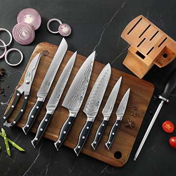 NANFANG BROTHERS Knife Sets, 9 Pieces Damascus Kitchen Knife Set with Block, ABS Ergonomic Handle for Chef Knife Set, Knife Sharpener and Kitchen Shears, Knife Block Set
