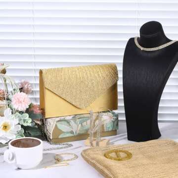 Hicarer 5 Pcs Women Accessories Including Shawls and Wraps, Evening Bag Clutch Purses, Rhinestone Jewelry Sets for Wedding(Cute Style,Gold)