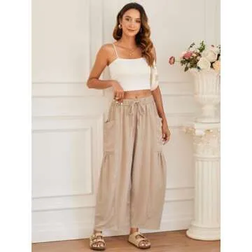 YKR Wide Leg Pants Woman Casual Loose Lightweigt Beach Palazzo Harem Pants Flowy Pants 2024 Apricot M