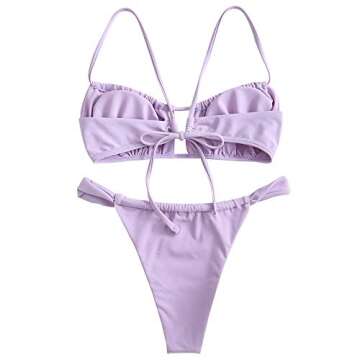 ZAFUL Ruched Tie Front High Cut Bikini Set - A-Lavender Blue