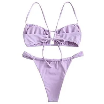 ZAFUL Ruched Tie Front High Cut Bikini Set - A-Lavender Blue