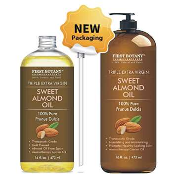 First Botany Cosmeceuticals, Cold Pressed Sweet Almond Oil - Triple AAA+ Grade Quality, For Hair, For Skin and For Face, 100% Pure and Natural with Pump dispenser, 16 fl oz