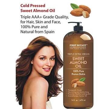 First Botany Cosmeceuticals, Cold Pressed Sweet Almond Oil - Triple AAA+ Grade Quality, For Hair, For Skin and For Face, 100% Pure and Natural with Pump dispenser, 16 fl oz