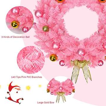 Goplus 24" Pink Christmas Wreath for Doors, Windows