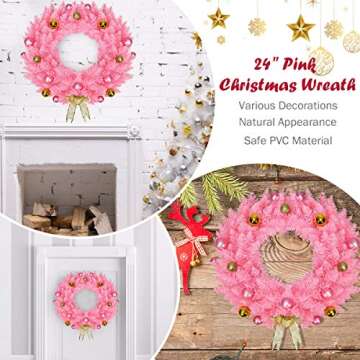 Goplus 24" Pink Christmas Wreath for Doors, Windows