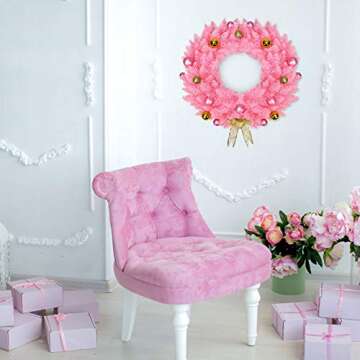Goplus 24" Pink Christmas Wreath for Doors, Windows