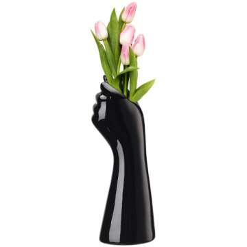 Plcnn Modern Ceramic Vase, Black Hand Shape Flower Vase 9 Inch Human Body Ceramic Vase Body Art Vase for Home Table Living Room Office Decor