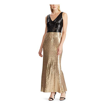 Lauren Ralph Lauren Women's Elegant Sequin V-Neck Gown in Gold/Black - Size 4