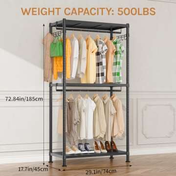 Clussbin Garment Rack Hanging Clothes Heavy Duty Clothes Rack, 3 Tiers Adjustable Wire Shelving Metal Clothing Racks with Double Rods and Side Hooks, Free Standing Wardrobe Closet for Bedroom, Black