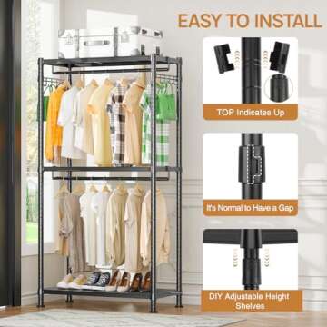 Clussbin Garment Rack Hanging Clothes Heavy Duty Clothes Rack, 3 Tiers Adjustable Wire Shelving Metal Clothing Racks with Double Rods and Side Hooks, Free Standing Wardrobe Closet for Bedroom, Black
