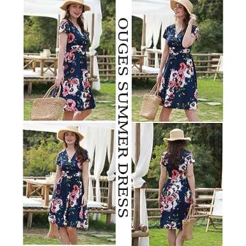 OUGES Women's Summer Short Sleeve V-Neck Pattern Knee Length Casual Party Dress with Pockets Summer Dresses for Women 2025(Floral02,L)