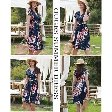 OUGES Women's Summer Short Sleeve V-Neck Pattern Knee Length Casual Party Dress with Pockets Summer Dresses for Women 2025(Floral02,L)
