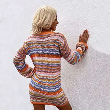 Cozy Rainbow Striped Sweater Dress for Women