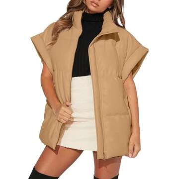 Dokotoo Women Winter Oversized Puffer Vest Quilted Lightweight Stand Collar Flysleeve Insulated Padded Puffy Jackets Coat with Pockets 2025 Fashion Khaki Medium