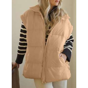 Dokotoo Women Winter Oversized Puffer Vest Quilted Lightweight Stand Collar Flysleeve Insulated Padded Puffy Jackets Coat with Pockets 2025 Fashion Khaki Medium